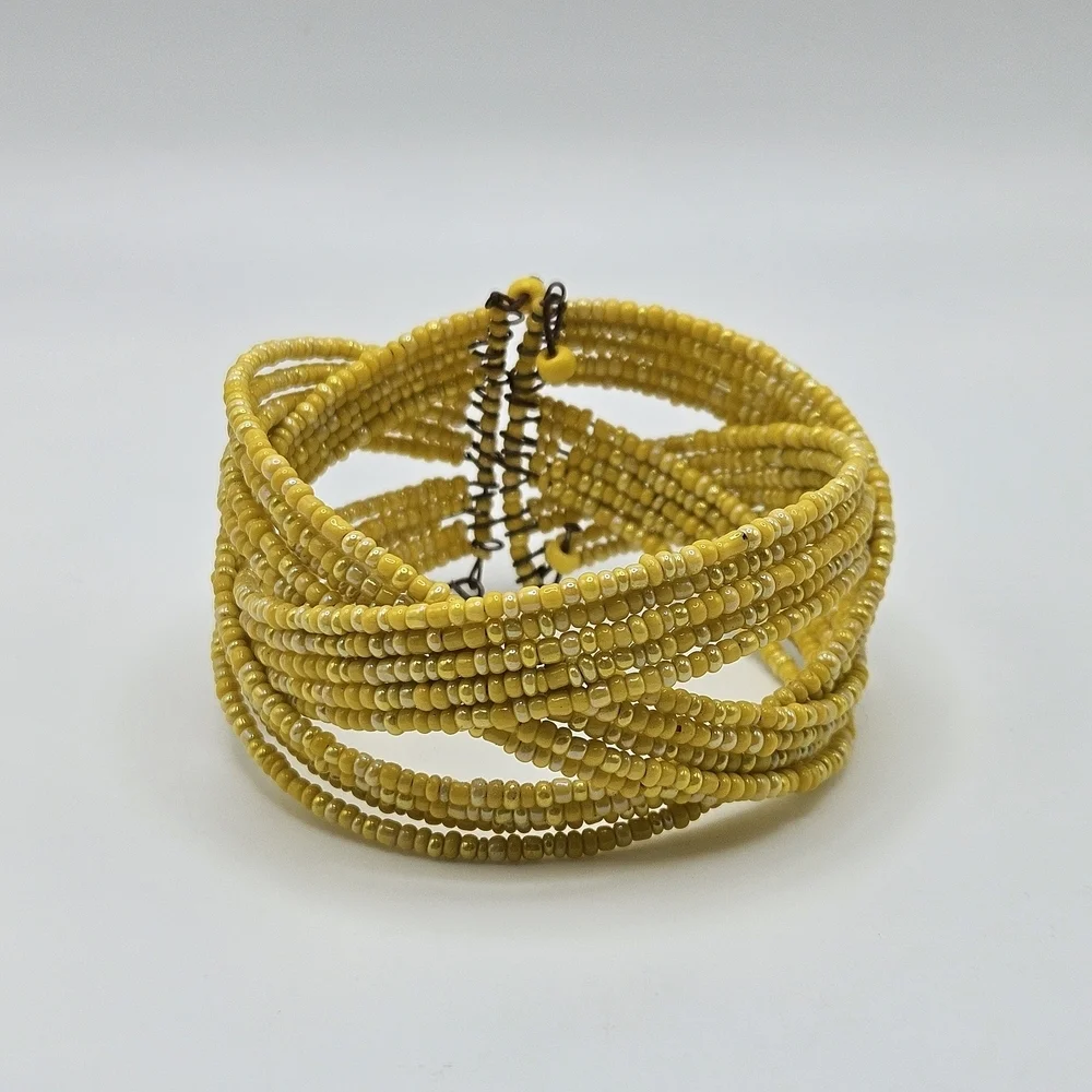 VINTAGE Woven Braided Yellow Glass Seed Bead Boho Memory Wire Cuff Bracelet